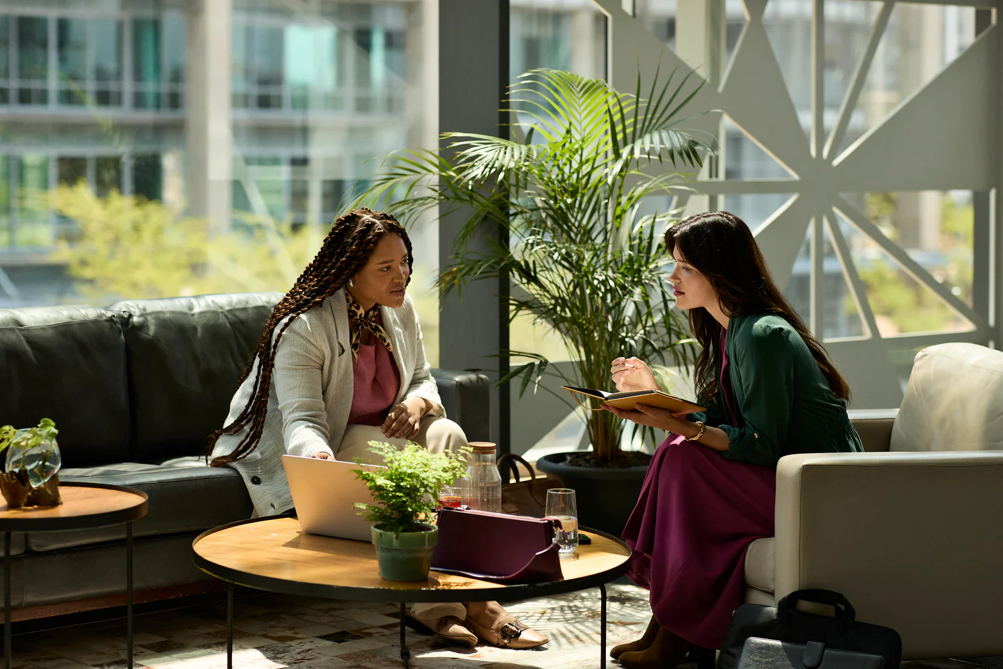 Portrayal of Capella student seated on a couch in front of a large window and talking with a colleague.