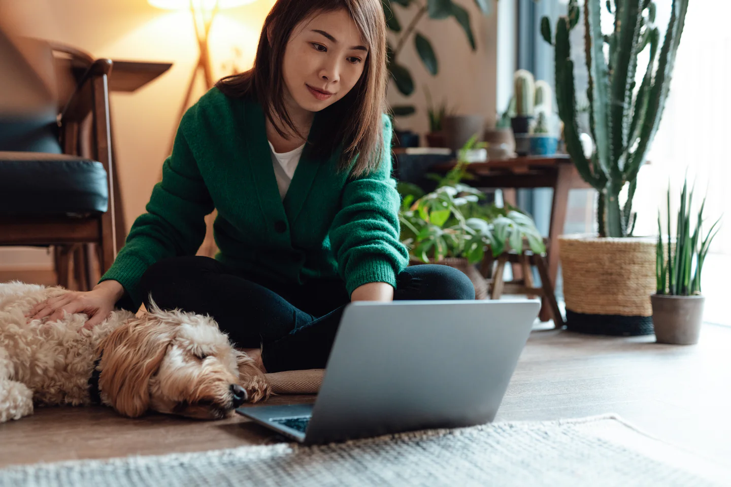 Portrayal of Capella student working at laptop while sitting on the floor beside dog.
