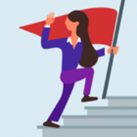 woman climbing stairs with flag
